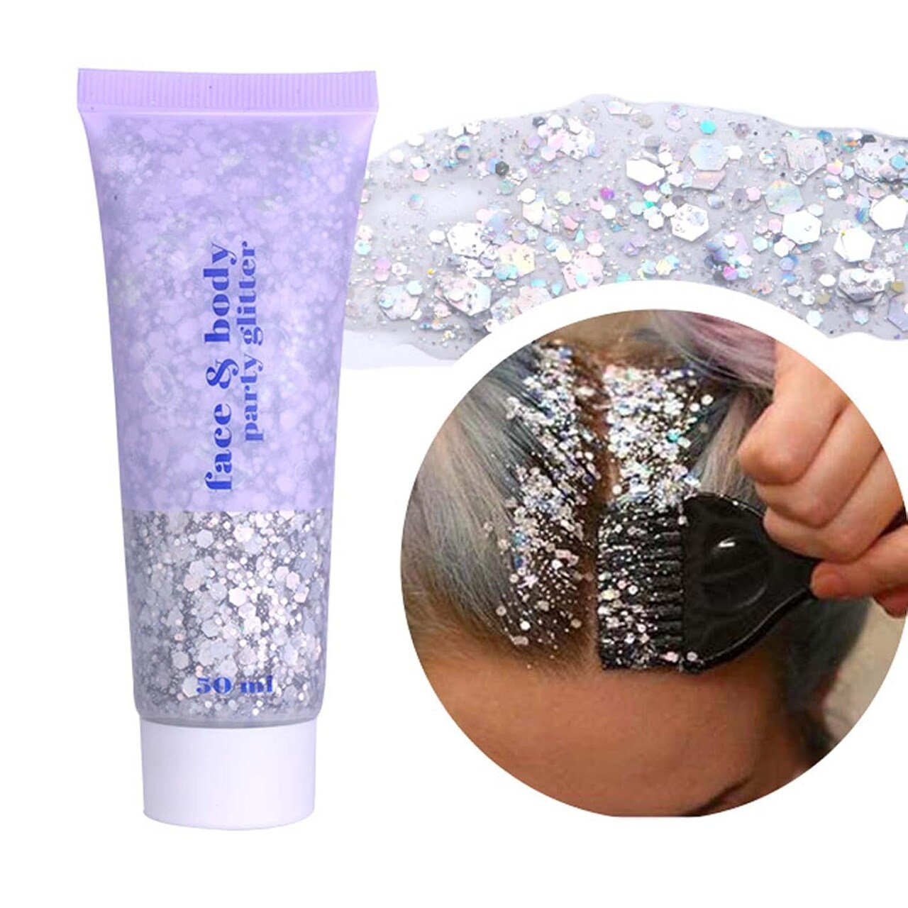 Holographic Body Glitter Gel – Chunky Festival Glitter for Face, Hair, Nails & Makeup | Shimmering Sequins Gel with Stars & Moons, Long-Lasting Sparkle (50ml, Silver)
